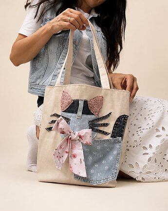 Torba SHOPPER BAG 100% bawełna zero waste denim KOTEK, Zajawki na Skrawki