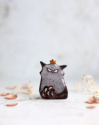 Broszka malowana Kotek z wielkim ego, Black Cat