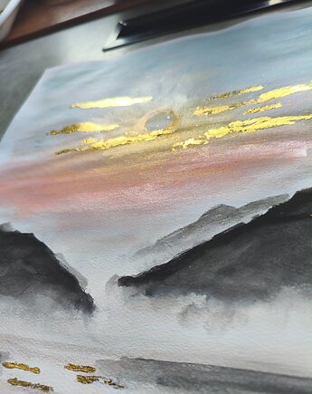 Akwarela Góry Pejzaż Jezioro Złoto Zachód Słońca 30x42 A3 Minimalizm, kkjustpaint Karolina Kamińska