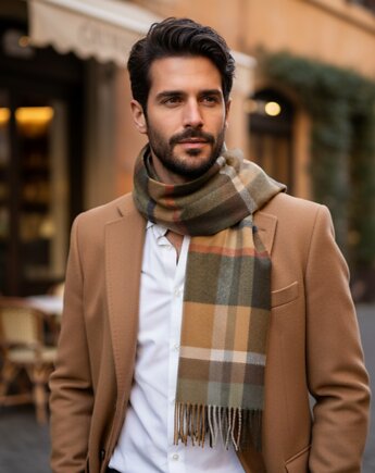 Szalik Męski Brązowy Karmelowy Kratka Wełna, AKADEMIA STYLU
