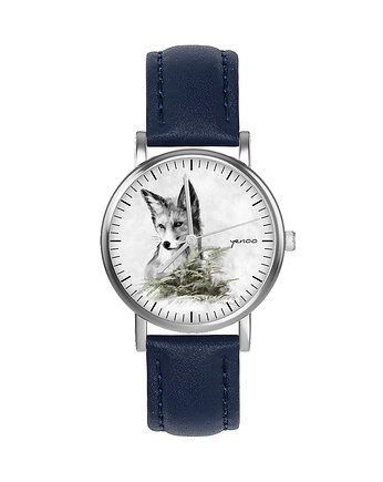 Zegarek mały - Lis - skórzany, granatowy, yenoo