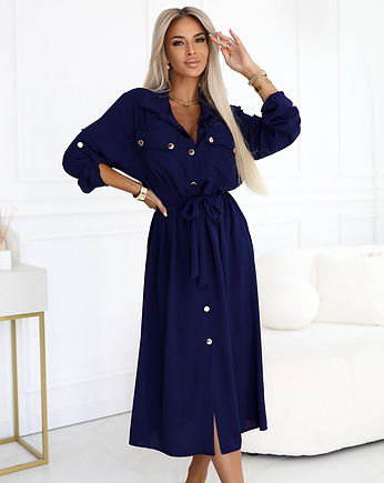 531-6 Szmizjerka midi ze złotymi guzikami i wiązaniem - GRANATOWA - UNI, NUMOCO