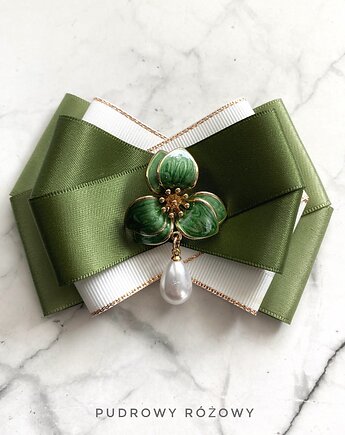 Brosza z zielonym Kwiatem i perłą Nowość, Pudrowy Różowy
