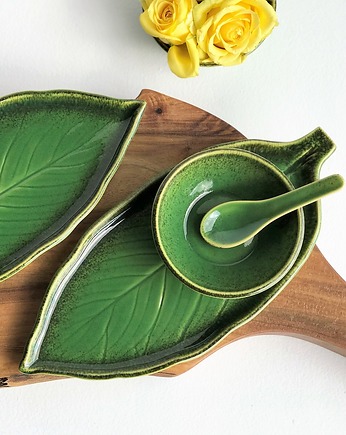 Zestaw ceramiczny do sushi  talerz liść  miseczka dla dwojga, Ceramika Tyka