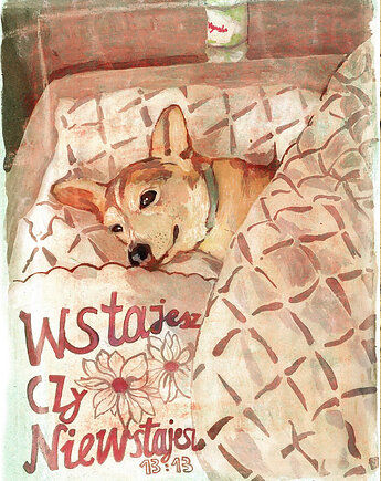 Plakat 13:13 wstajesz czy nie wstajesz pies łóżko spanko przyjaciel prezent, BEATNIK illustration