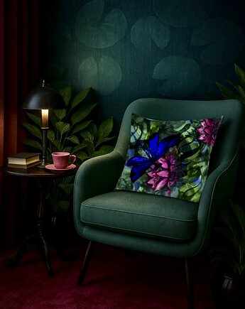 Aksamitna PODUSZKA dekoracyjna, autorski print NENUFARY lilie wodne i ważki, NAWROTANKA