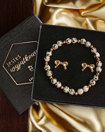 Komplet na prezent : jaspis dalmatyński, stal pozłacana : KOKARDKI, kaktusia