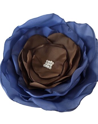Broszka brąz z niebieskim  10cm kwiat, Made by Joan