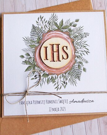 Kartka, PERSONALIZACJA : I Komunia Święta : hostia : drewno, kaktusia
