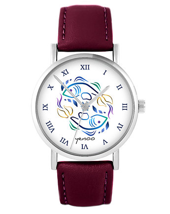 Zegarek - Ryby - skórzany, burgund, yenoo