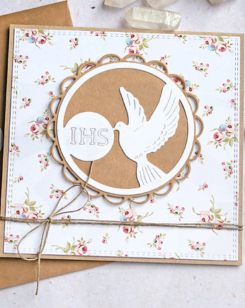 Kartka komunijna : gołąb : kwiatuszki