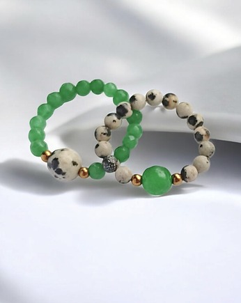 Zestaw pierścionków : jaspis dalmatyński, jadeit zielony, kaktusia