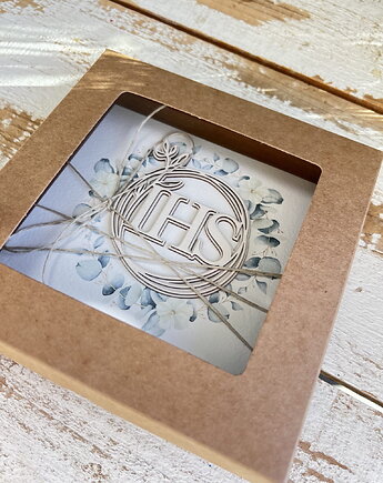 Ręcznie robiona kartka komunijna z personalizacją w wianku od ojca chrzestneg, sorte