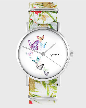 Zegarek - Motyle - kwiaty, nato, biały, OSOBY - Prezent dla dziewczynki