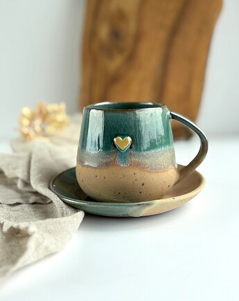 Kubek / Duża filiżanka ze spodkiem 320 ml - Rajska Plaża z sercem, Ceramika Tyka