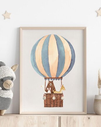 PLAKAT pokój dziecka, Zwierzęta w balonie ilustracja akwarela, OSOBY - Prezent dla dziecka