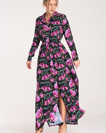 Elegancka sukienka koszulowa maxi z długim rękawem i guzikami - M1077, FIGL