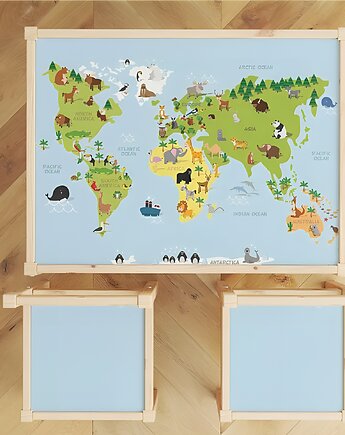 Naklejki na stolik Ikea LATT oraz krzesełka mapa świata, Makatka i kropka