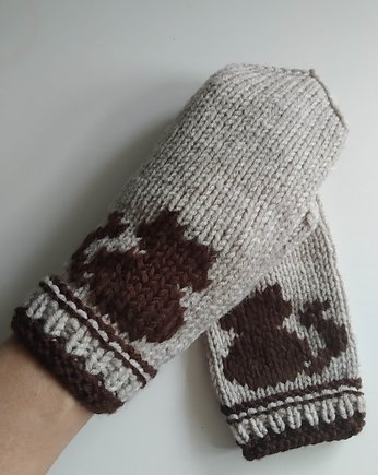 Rękawiczki wełniane z wyhaftowanym kotkiem, Sparklyyarn
