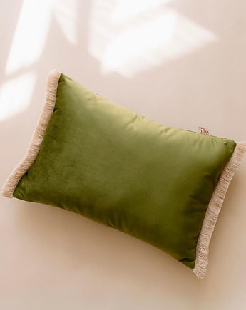 Prostokatna, zielona poduszka dekoracyjna z frędzlami, ILLU decor