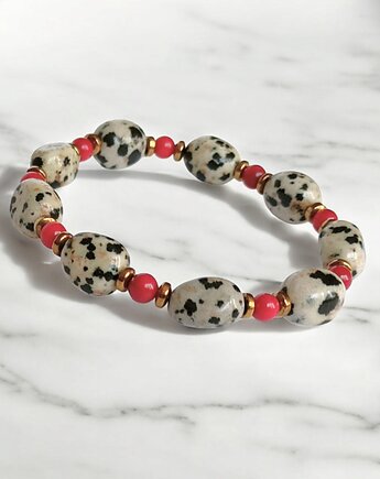 Bransoletka : INDIA : koral, jaspis, hematyt : na gumce, kaktusia