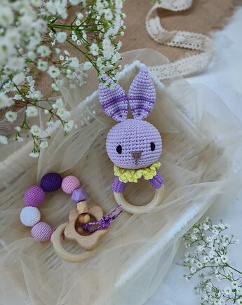 Zestaw gryzaków dla noworodka, Grzechotka zajączek, Prezent dla niemowlaka, EcoToysByNastya