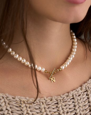 Choker naszyjnik perły naturalne literka- srebro 925 pozłacane, Coccola JEWELLERY