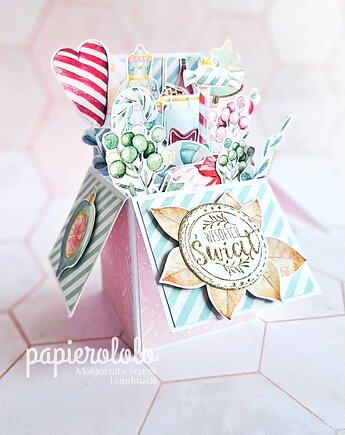 Kartka bożonarodzeniowa w różowym kolorze pop up box, papierololo