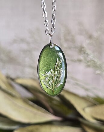 Srebrna zawieszka jajowata suszone kwiaty zboża zielona