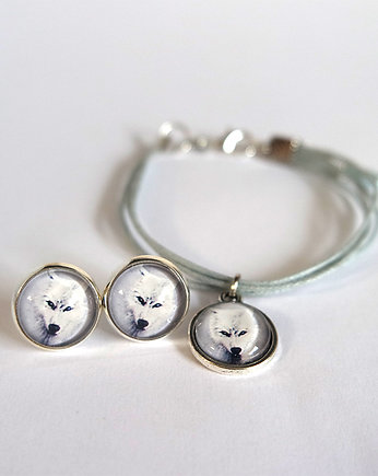 Komplet - Biały wilk - kolczyki, bransoletka, yenoo