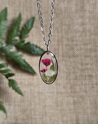 Srebrny wisiorek prawdziwe kwiaty różowe, zkwiatem