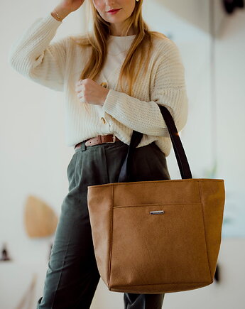 Torba Shopper z tłoczonego nubuku tapicerskiego w kolorze rudego brązu, OKAZJE - Prezent na Urodziny