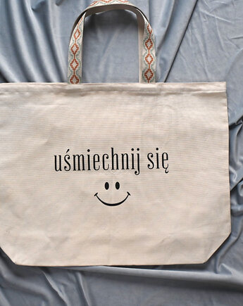 Bardzo duża bawełniana torba beżowa z afirmacją UŚMIECHNIJ SIĘ :), mniej więcej