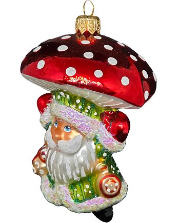 Ręcznie malowana szklana bombka zielony Mikołaj z grzybowym kapeluszem, STARGLASS
