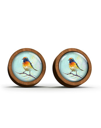 Kolczyki drewniane - Kolorowy ptak - sztyfty, yenoo
