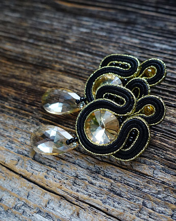 Beż, czerń i złoto-  kolczyki soutache, Mró Soutache