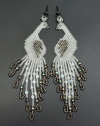 Pawie przezroczyste, kolczyki z frędzlami, beading, Sol