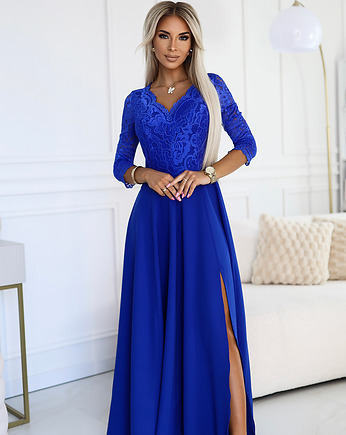 309-12 AMBER elegancka długa koronkowa suknia z dekoltem - chabrowa, NUMOCO