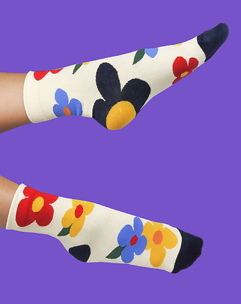 Damskie Kolorowe skarpetki w kwiaty - beżowe, CandySox