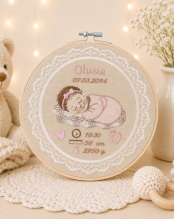 Haftowana personalizowana metryczka, pamiątka narodzin w oprawie 20 cm, Plasun