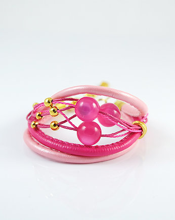 Bransoletka - Różowa, złota - ptaszek, koraliki, yenoo