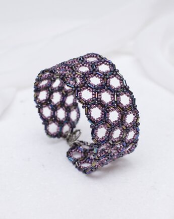 Nocny Witraż - ręcznie szyta, mankietowa bransoletka., LaMia Jewellery