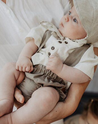 Komplet lniany koszula oversize off white i bloomersy sand, Awake for Kids