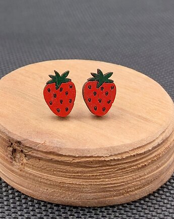 Kolczyki drewniane TRUSKAWKI, SIAMIL ART