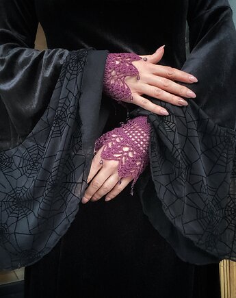 Mankiety koronkowe śliwkowe fioletowe z koraliczkami lace cuffs, Księżycowa ćma