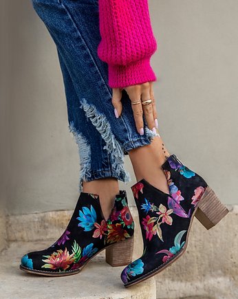 BOTKI DO KOSTKI - SKÓRA NATURALNA - MODEL 501 - KOLOR KOLOROWE KWIATY, Zapato