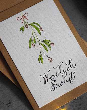 Kartka świąteczna handmade Wesołych Świąt Jemioła, ładnie piszę pracownia
