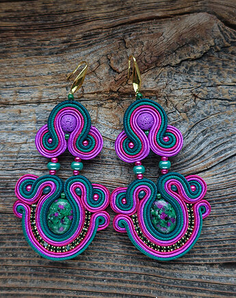 Fuksja, cyklamen i zieleń- kolczyki sutasz, Mró Soutache