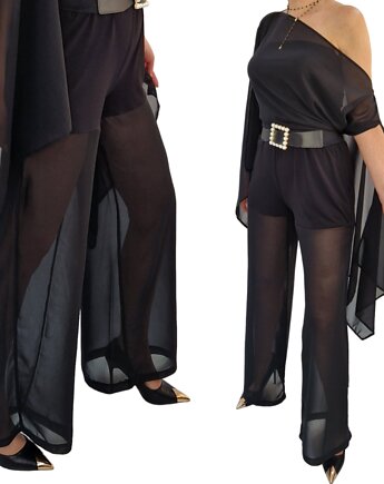 Czarne prześwitujące spodnie szyfon wide leg  roz 36 -50, MC Fashion