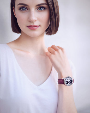 Zegarek - Czarny kot - skórzany, burgund, yenoo